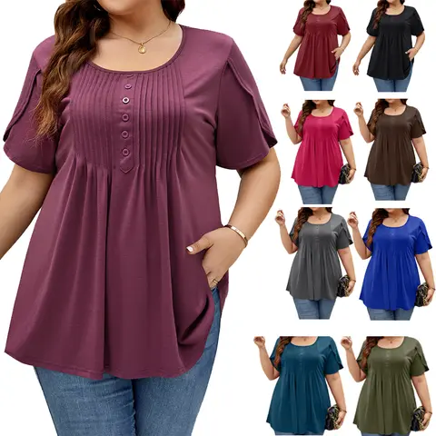 Women's Plus Size Auciccoo Lightweight Knit Tunic Blouse - 1X-5X (2X/4X Incl), Tulip Short Sleeve, Scoop Neck Solid, Casual Chic, Flattering Drape, Curve-Hug Smock, Summer Medium Length Loose Top (A-Type, Elegant, Flare Sleeve, Plus Size Curvy Clothing)