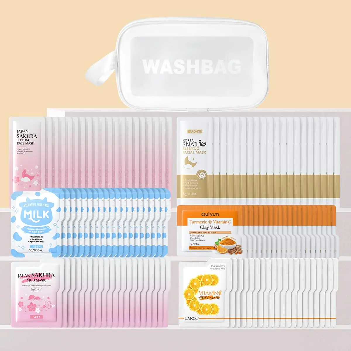 Laikou Mud & Sleeping Masks Set: Skin Care Mask, Sakura, Vitamin C, Milk, Turmeric Mud Masks 5g×20 each, Sakura, Snail Sleeping Masks 3g×20 each, Pore Cleansing Mask, Hydrating Overnight Mask, Makeup Bag, Glow Up Bundle