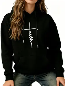 Women's Casual Elegant Long-Sleeve Hoodie, Crew Neck Pullover with "Faith" Cross Print, Drawstring Relaxed Comfortable Sweatshirt for Spring & Autumn