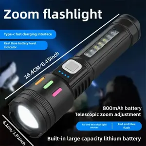 Zoomable Tactical Flashlight, High Lumen Type-C Fast Rechargeable Flash Light with COB Side Work Light, 5 Lighting Modes, Waterproof Design, Camping Lantern for Car Repair, Night Fishing, Outdoor Activities, Home Power Outage & Daily Emergency Gifts
