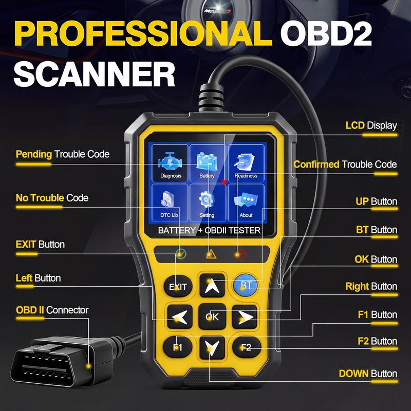 Hexibii 2-in-1 OBD2 Scanner Car Battery Tester ,PRO OBD2 Scanner Diagnostic Tool, Car Code Reader with Battery Tester, Check Engine Code Reader with Reset OBDII, Real-Time Date, DTC Lookup, Scan Tool for All OBDII Protocol Cars Since 1996