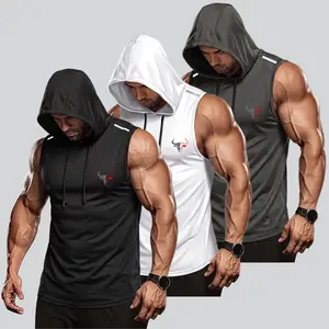 3PCS Men’s Hooded Sports Top Set: solid-color sleeveless tank top with an adjustable drawstring hood and a bull head logo on the back; lightweight casual men’s fitness wear that is cool, breathable, and quick-drying—suitable for the gym, everyday workouts