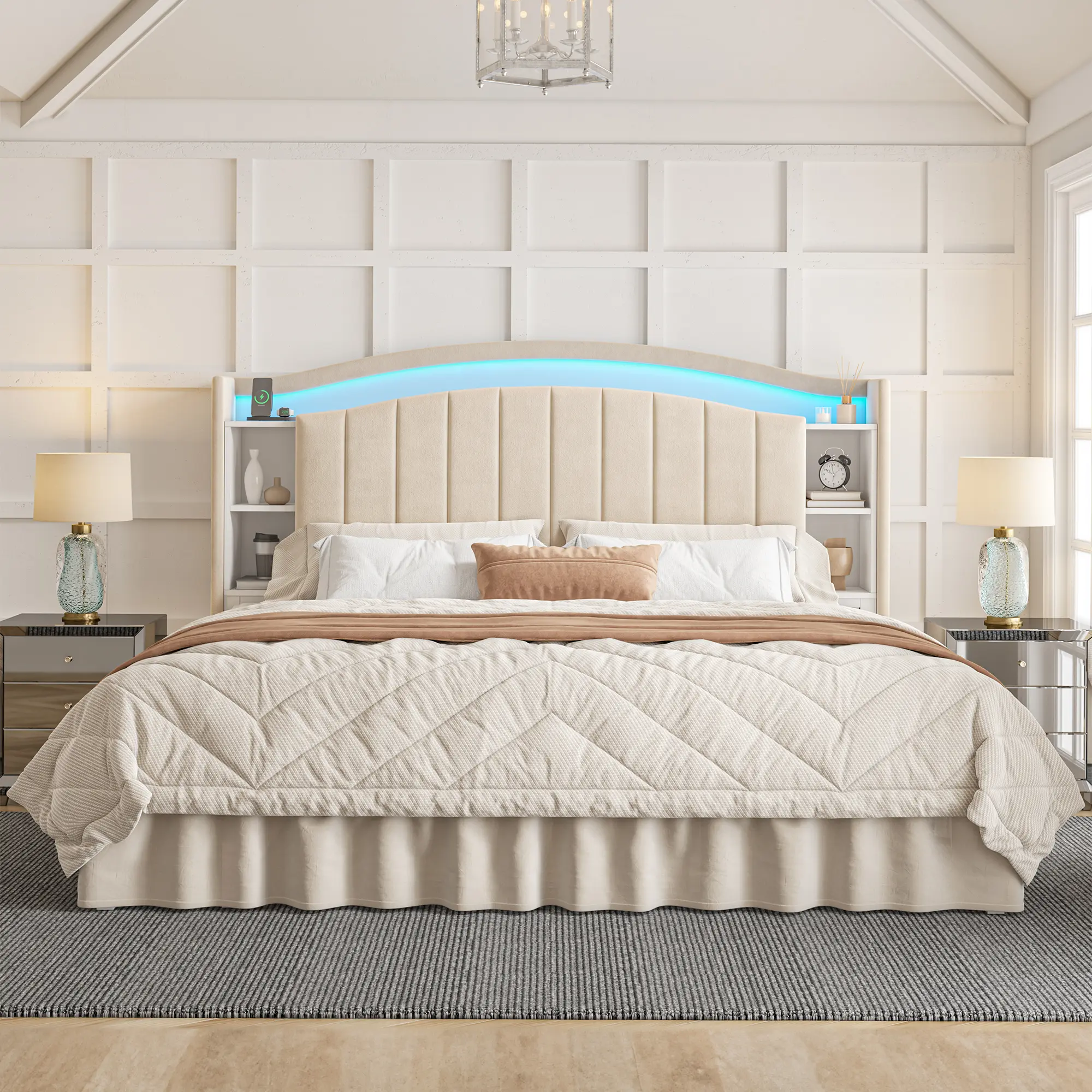 【Summerwins】Raybee Modern Bed Frame with 6 Storage Zone for Queen / King / Full Size, Luxury Upholstered Platform LED Bed Frame with Built-in Charging Station & Shelf on Headboard, 14" Under Bed Space for Apartment, Dorms, Attic, 881 lbs Capacity