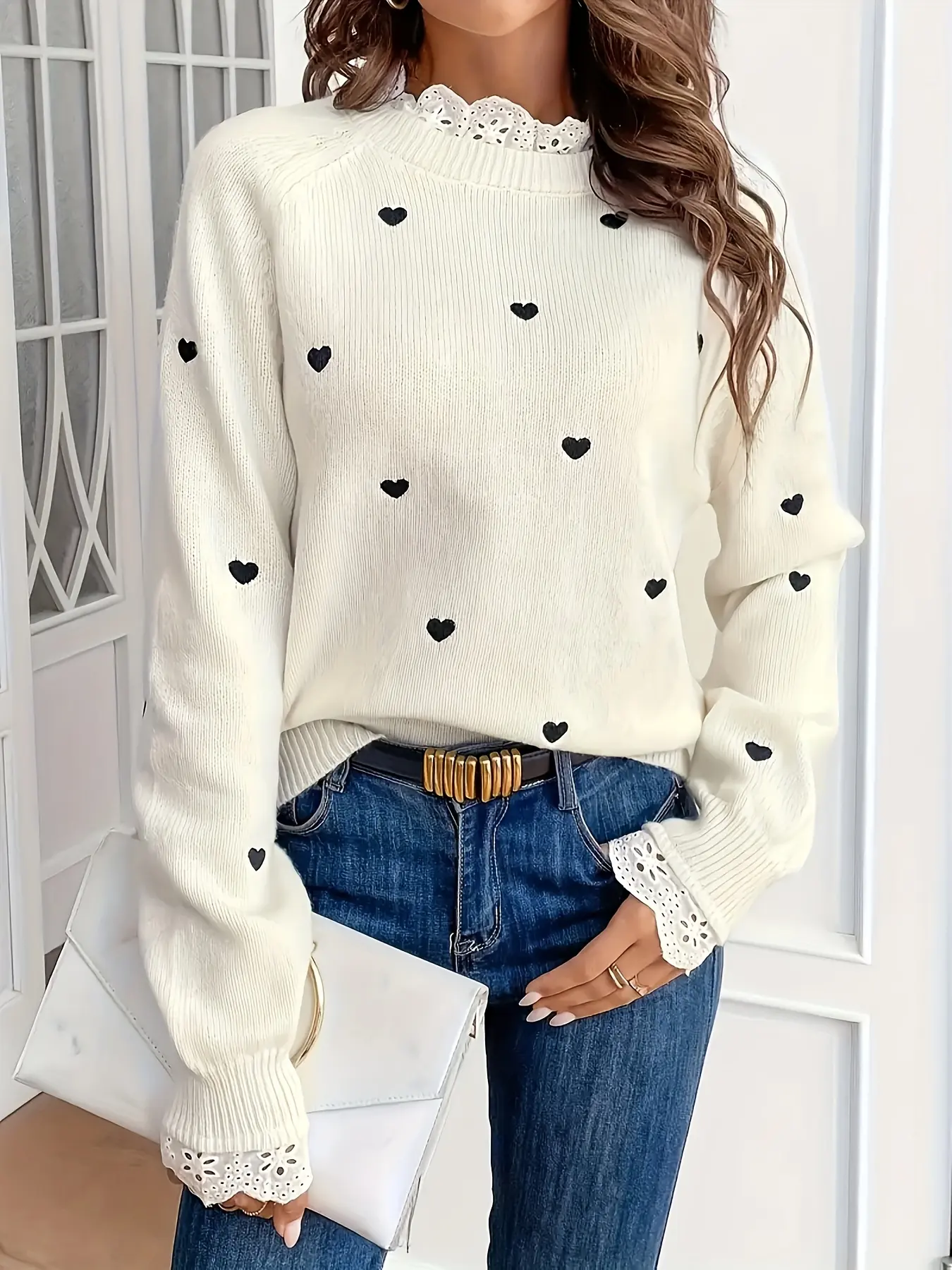 New Women's Fashion Knit Sweater, Lace Patchwork Heart Design, Casual Elegant Round Neck Long Sleeve, Fall Winter Knitted Top