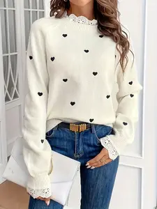 New Women's Fashion Knit Sweater Pullover, Lace Patchwork Heart Design, Casual Elegant Fitted Round Neck Long Sleeve, Fall Winter Knitted Top