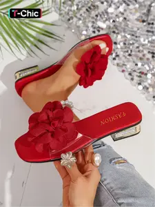 Women's new summer fashion square-toed Glitter Decorated sandals with floral decoration and square heel, suitable for casual wear, comfortable for daily commuting and shopping Footwear