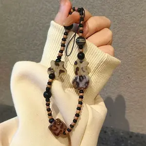 Brown Block Leopard Print Five Pointed Star Plush Ball Mobile Phone Lanyard Bag Chain Key Lanyard Phone Charm Strap Keychain