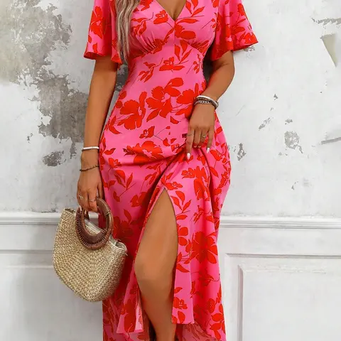 Women's Leaf Print Boho Floral Printed Ruffle V Neck Dress, Elegant Boho Fashion Casual Slit Hem Dress for Daily Outdoor Wear, Women Dress for Summer Womenswear