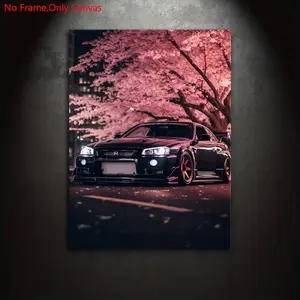 1 piece frameless canvas print posters, Unframed art print, classic realistic art, Skyline GTR R34 Cherry blossoms, ideal gift for Japanese JDM modified car culture enthusiasts, bedroom, living room, mural wall decoration, Wall Art Painting