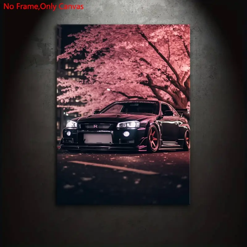 frameless canvas print posters, Canvas art and prints for walls, classic realistic art, Skyline GTR R34 Cherry blossoms, ideal gift for Japanese JDM modified car culture enthusiasts, home, wall art, Art work for wall decor