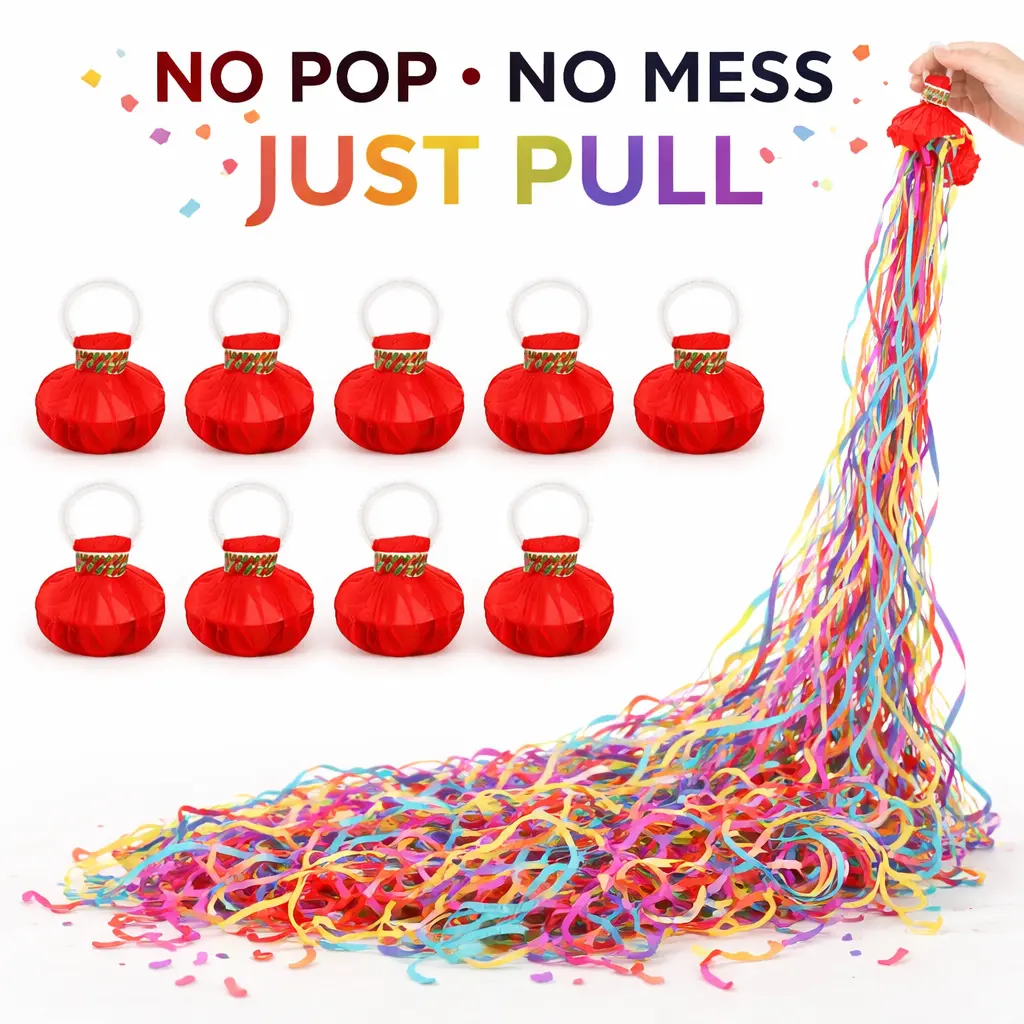 10 Pack Throw Streamers, Hand Pull Confetti Poppers, Long Colorful Streamers, No Mess Paper Party Favors for Wedding, Birthday, Graduation