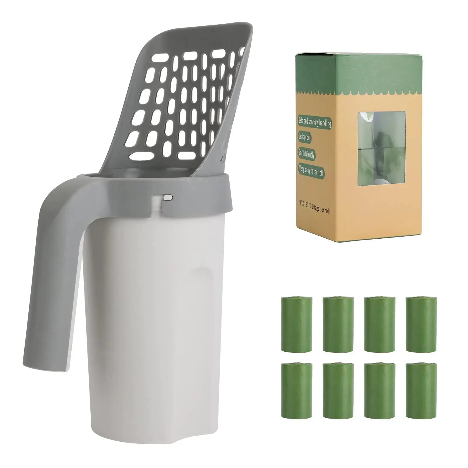 Cat Litter Sifter Scooper Integrated Detachable Deep Shovel Holder Cat Litter Shovel with 8 rolls Waste Bags with Poop Sifting