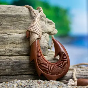 Fish Hook Necklace (wood) - Hand Carved