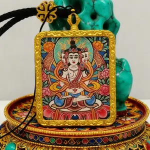 Vairocana Buddha Thangka Pendant Xizang Hand-Painted Amulet for Wealth & Protection Traditional Tibetan Artwork with Golden Frame