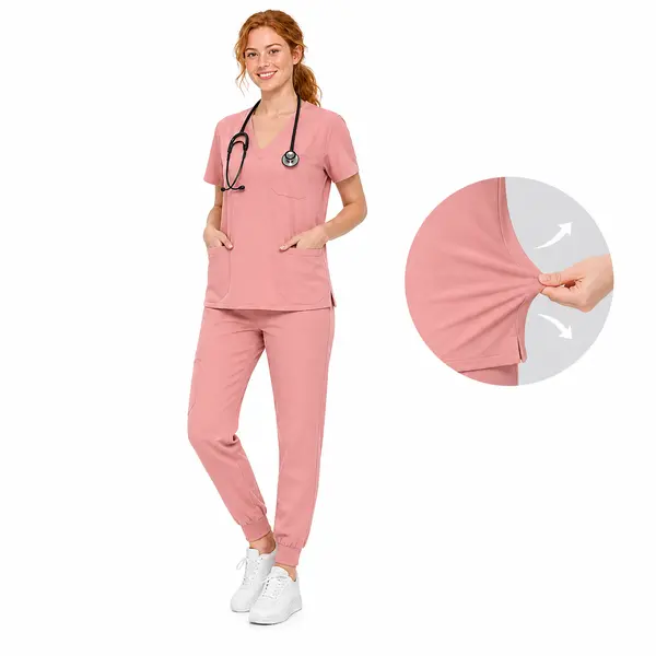 DVOLIAW Women's Sporty Scrub Set, Stretch Spandex V-Neck Top & Jogger Pants with 8 Pockets, Athletic Activewear for Nurse, Workwear, Fit, Rayon, Polyester, Short Sleeves, Slim-Fit, High Stretch, Stylish & Functional, Minimalist, Fabric Suits Nursing