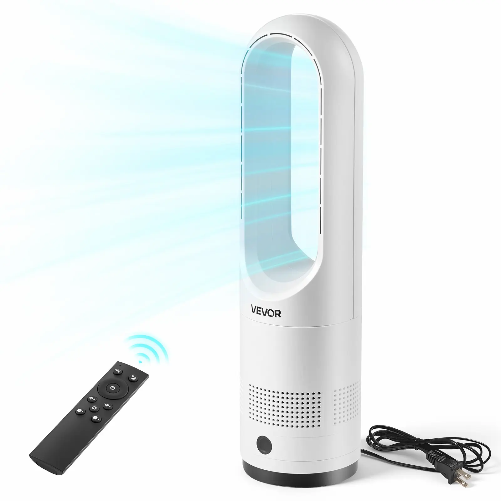 VEVOR Bladeless Tower Fan, 80° Oscillating Standing Fan, 8 Speeds & 9-Hour Timer, 15.42 ft High Velocity Floor Air Circulator, Powerful Airflow with Remote for Bedroom, Living Room, Home, Office, White