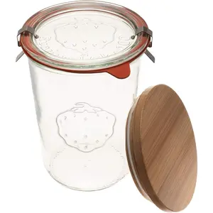 Canning  743 -  Mold Jar Made of Transparent Glass -  Canning Jar -  Storage Container with Lid Airtight - 3/4 Liter Tall Jar Includes (1 Jar, Glass Lid & Wooden Lid)