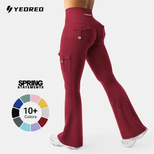 YEOREO CoreFlex High Waist Tummy Control Flare Leggings with Pockets Seamless Scrunch Butt-Lift Cargo Yoga Gym Pants