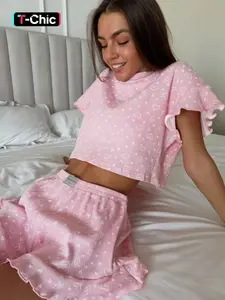Women's All Over Heart Print Pyjama Set, Loungewear, Matching Pj Set, Casual Comfy Ruffle Trim Crop Top & Patched Elastic Waist Shorts Pyjama Two-piece PJ Set, Ladies Sleepwear for All Seasons, Pastel Cute Pajamas, Loungewear Pjs Set, Pyjamas Set