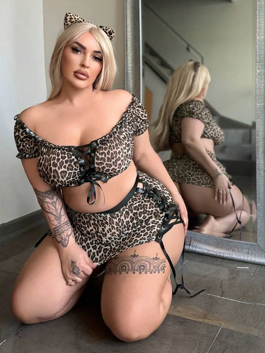 Plus Size Sexy Lingerie Set Mesh Leopard Off Shoulder Dress Bow Mini Skirt 