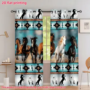 2D Flat 2Pcs Tribal Horse Printed Window Curtain, Western Aztec Geometric Pattern, Semi-Shade Rod Pocket Drapes, for Living Room, Bedroom, Dining Decor, Accessory, Anti-Privacy.
