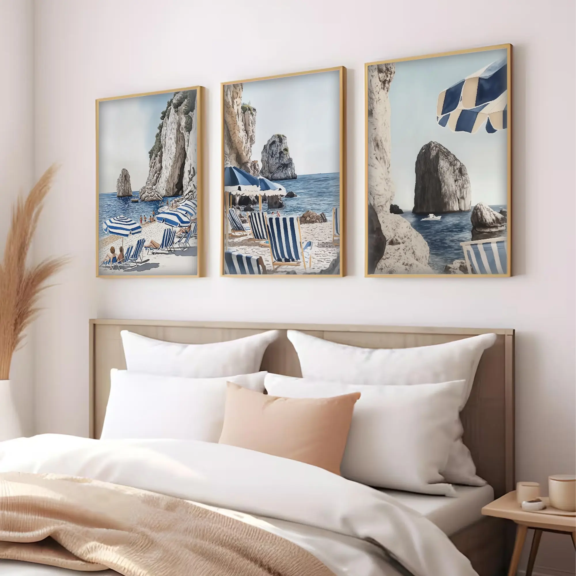 Set of 3 Capri Prints, Amalfi Coast Printable Wall Art, La Fontelina Umbrellas Vintage Italy Prints, Aesthetic Blue & White Capri Poster (Unframed)