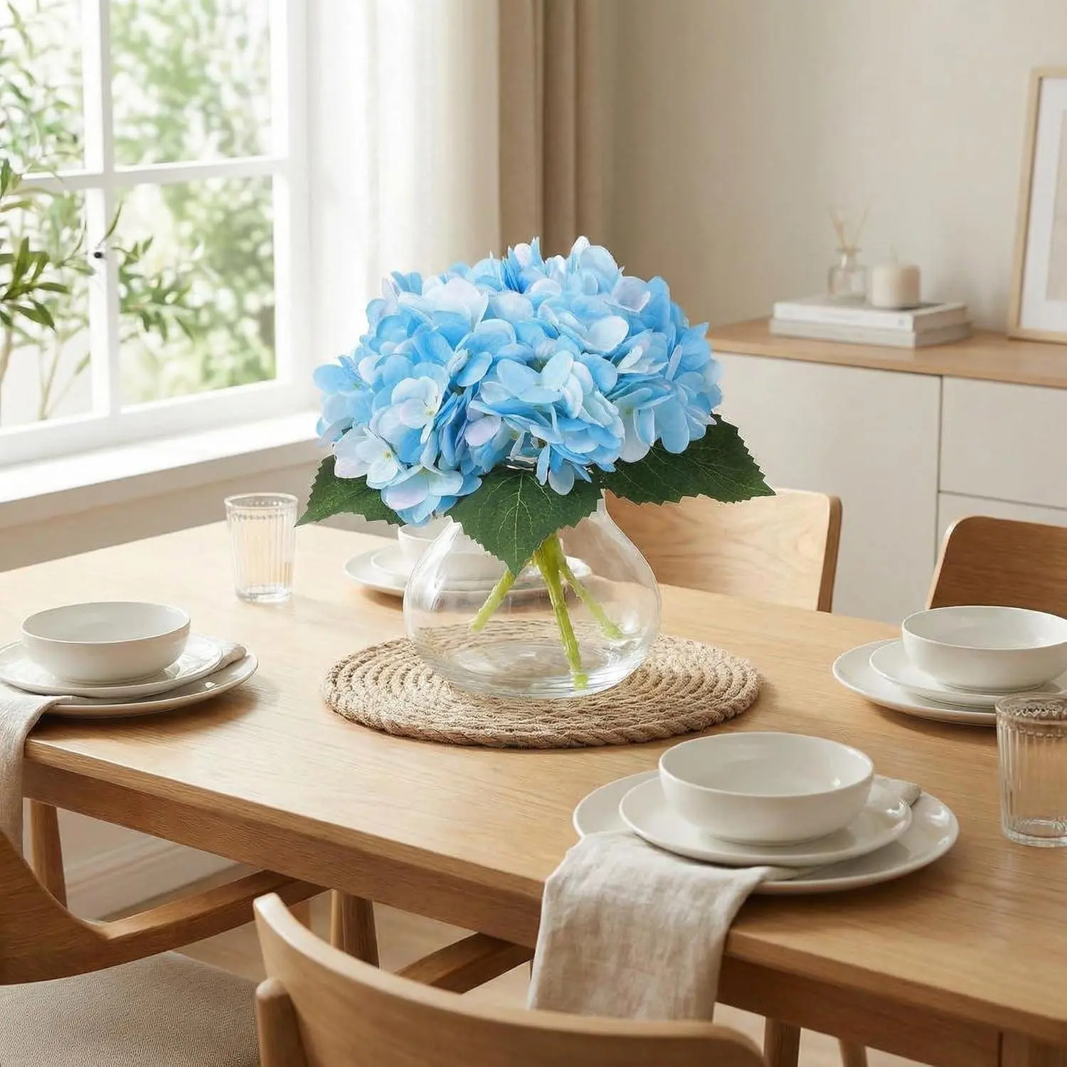Gaomon Lifelike Artificial Hydrangea Arrangement with Blue Silk Fabric, Decorative Flowers, Vase & Fake Water - Compact Indoor Centerpiece for Coffee Table, Bathroom Decor, Decorative Artificial Flowers, Indoor Artificial Flowers