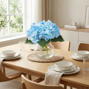 Gaomon Blue Lifelike Silk Fabric Floral Arrangement, Decorative Artificial Hydrangea Flowers with Vase & Fake Water, Compact Centerpiece for Coffee Table or Bathroom Decor