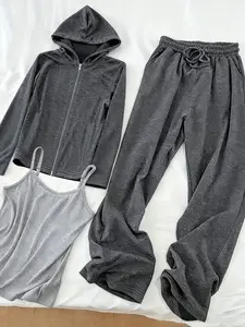 Spring New Fashion Hooded Sweatshirt & Casual Wide Leg Pants Set, Three-Piece Women's, Comfortable Daily Wear