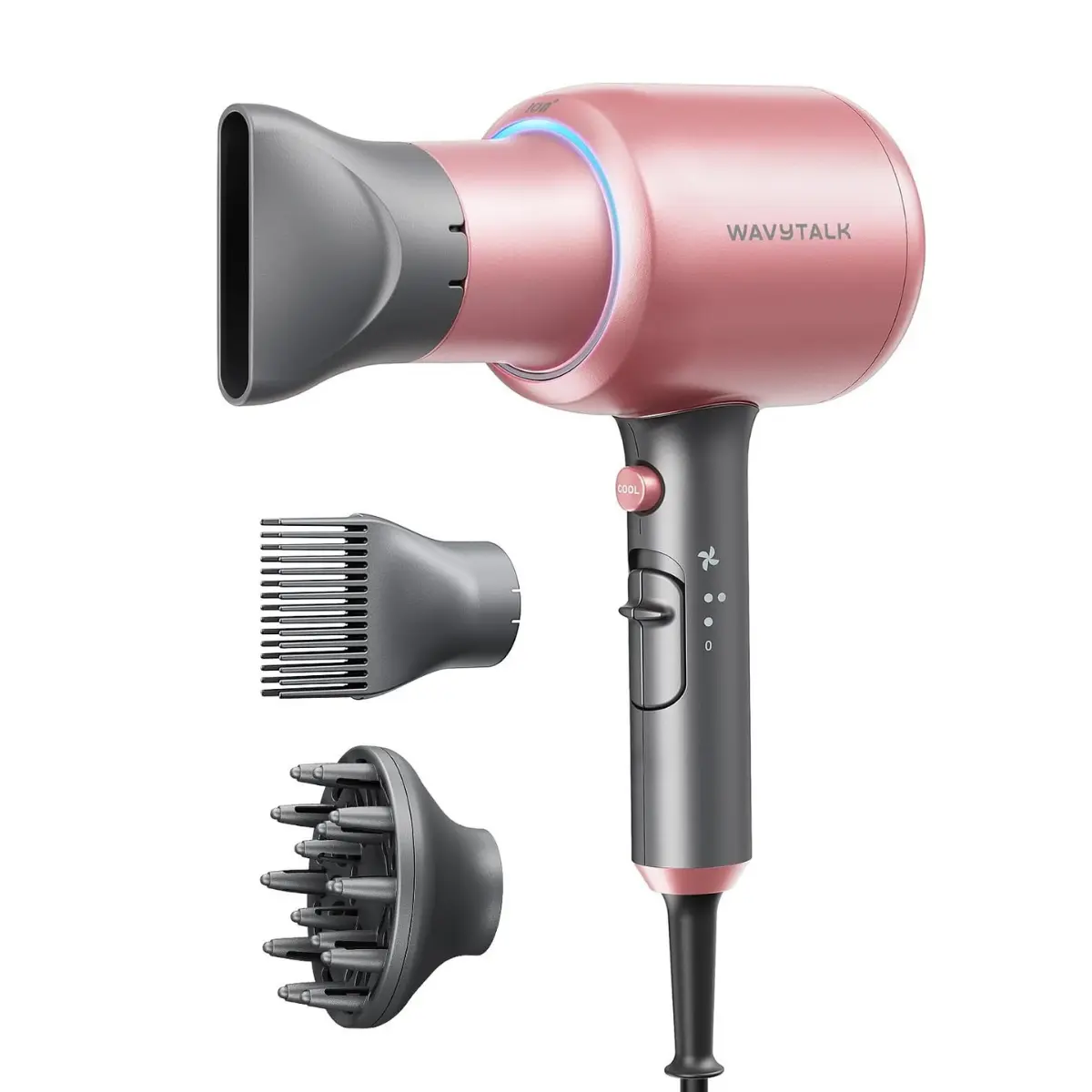 Wavytalk Ionic Hair Dryer, 1875W Fast Drying Ceramic Blow Dryer with Smooth Results for Curly Locks, 3 Attachments Including Diffuser for All Types, Light & Quiet, Rose Gold