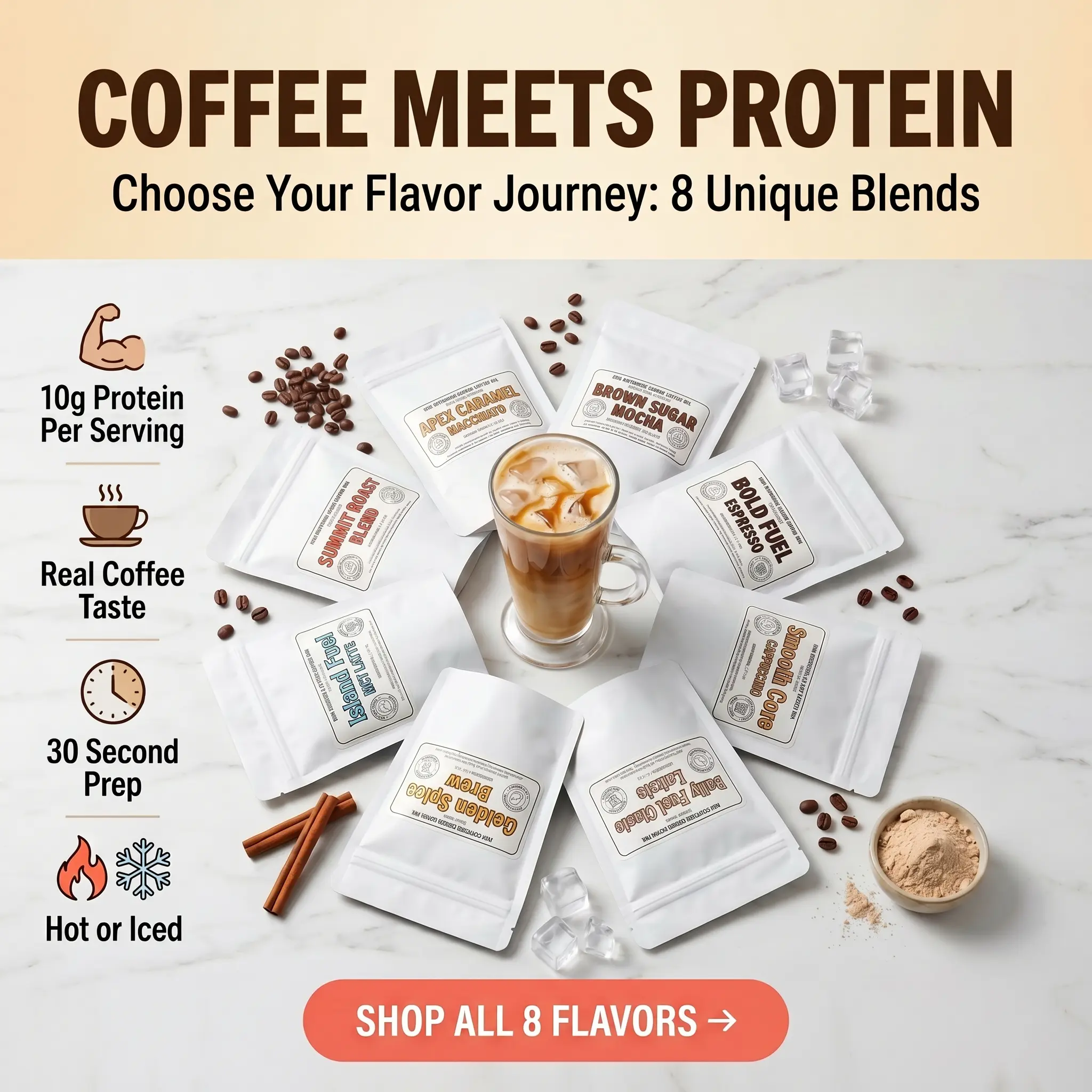 Instant Protein Coffee Blend Powder, 10g Protein, 160 Calories, 40g Single-Serve Packet Packs, 30-Second Prep, 8 Flavors (Caramel, Cappuccino, Mocha Included), Hot/Iced Latte Mix, On-the-Go Breakfast Drink for Gym & Office