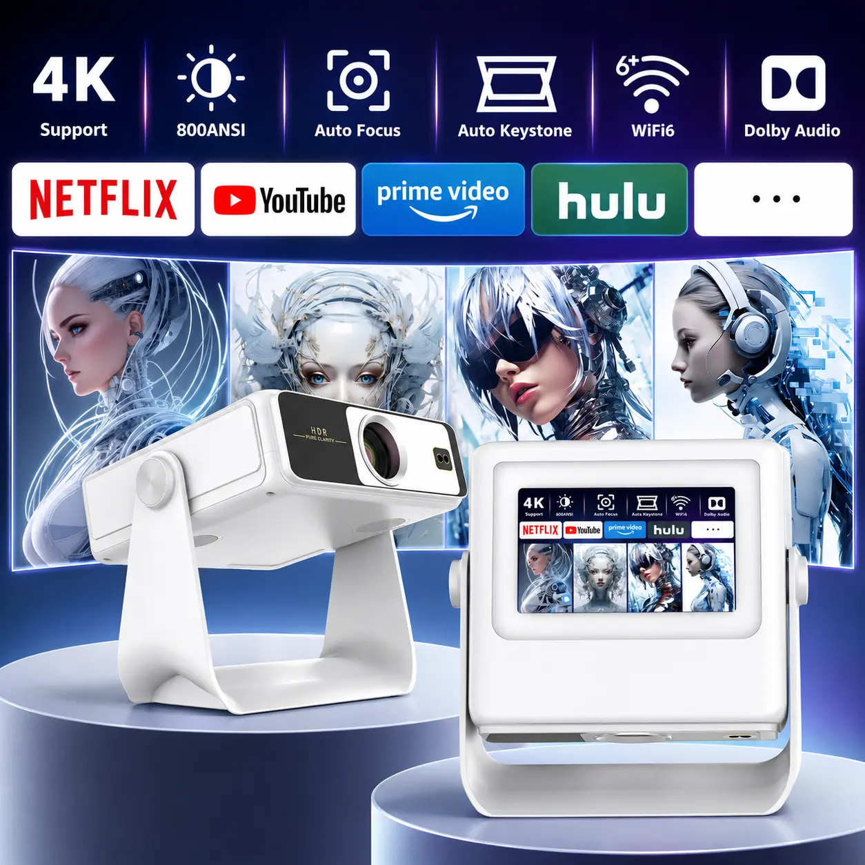 Dual Screen Home Theater Projector – Supports 4K Input, Touchscreen Smart Projector, Dolby Audio, Auto Focus & Keystone, WiFi6 Streaming for Netflix, YouTube, Hulu, Prime Video