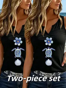Blue Flower Turtle Shell Print V-Neck Sleeveless Vest Set, Summer Sports/workout/beach Wear, Casual Loose-Fitting Two-Piece