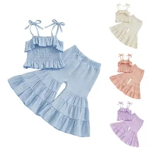 Toddler Baby Girl Summer Two Piece Outfits Cotton Line Tie-Up Strap Ruffle Smocked Camisole Tops Bell Bottoms Flared Pants