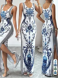 Blue-And- Porcelain Style Sleeveless Bodycon Dress, Boho Print Long Dress, Summer Beach Vacation, Evening Party Wear