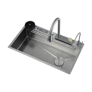 HYSTINKAT Gun gray multi-functional kitchen sink, restaurant bar sink with knife holder, stainless steel material, waterfall pull-out integrated faucet set, drain basket, cup washer, large capacity, quality kitchen, modern kitchen and bathroom Utensils