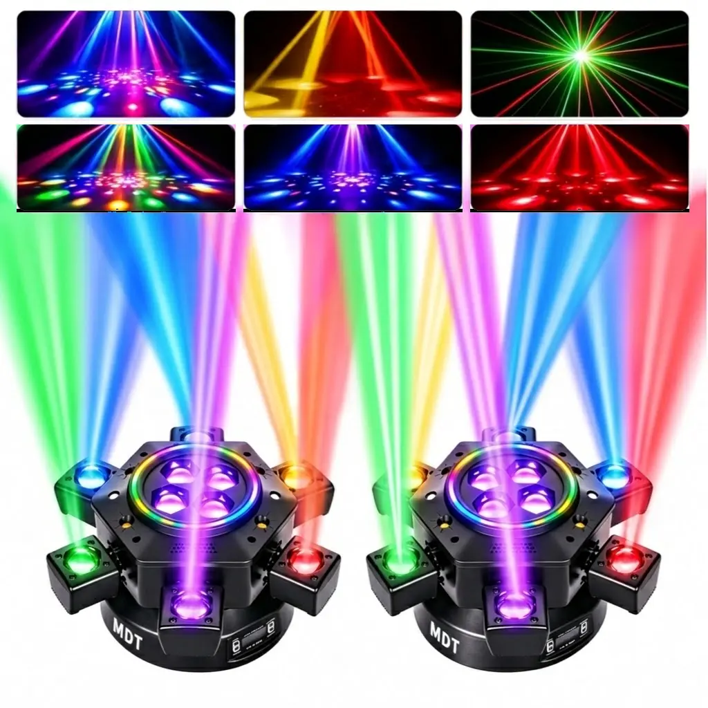MDT 6-Arm 150W RGBW Moving Head DJ Light with DMX-512 and Upgraded 4-Arm Design, Sound Activation & Strobes, Festive Decor for Halloween Day, Weddings