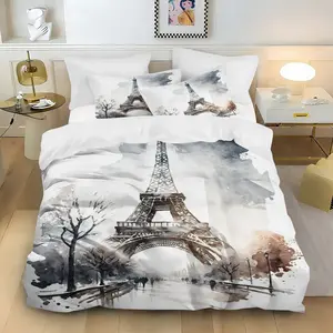 3-piece vintage Eiffel Tower print quilt set (1 quilt + 2 pillowcases, without filling), soft and comfortable bedding, suitable for bedroom, dormitory, guest room and home decoration.
