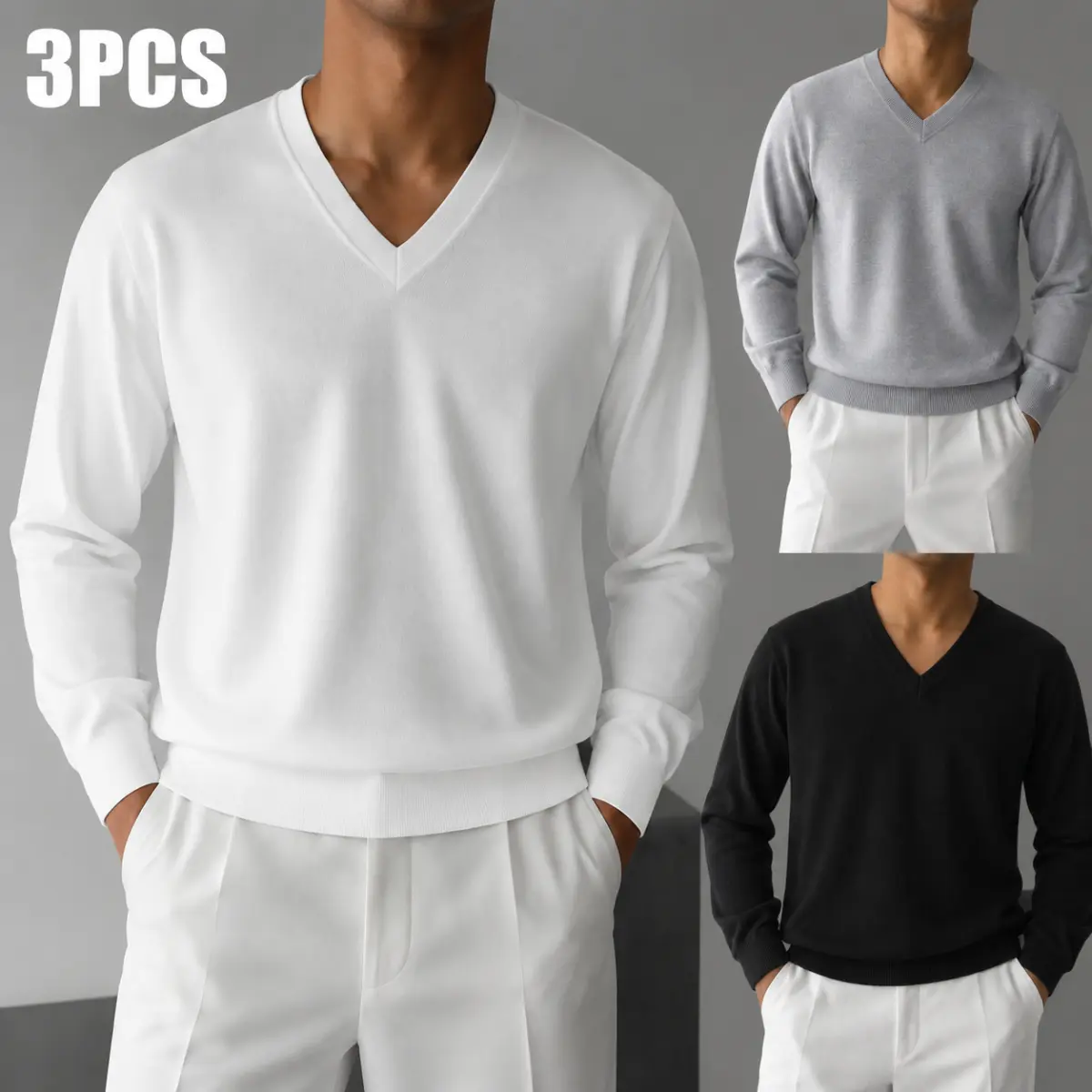 [3-Pack] Men's Classic V-Neck Knit Sweater. Old Money Aesthetic Layering Pullover Top. Quiet Luxury Smart Casual Fall Winter Clothes. Essential Solid Long Sleeve Knitwear for Office & Date Night.