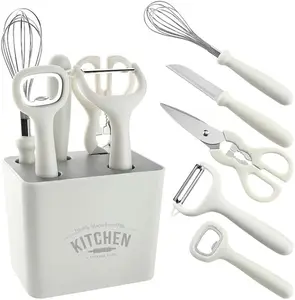 6-Piece Multi-Functional Kitchen Tool Set with Storage Stand – Includes Scissors, Paring Knife, Bottle Opener, Grater, Melon Peeler & Organizer Base