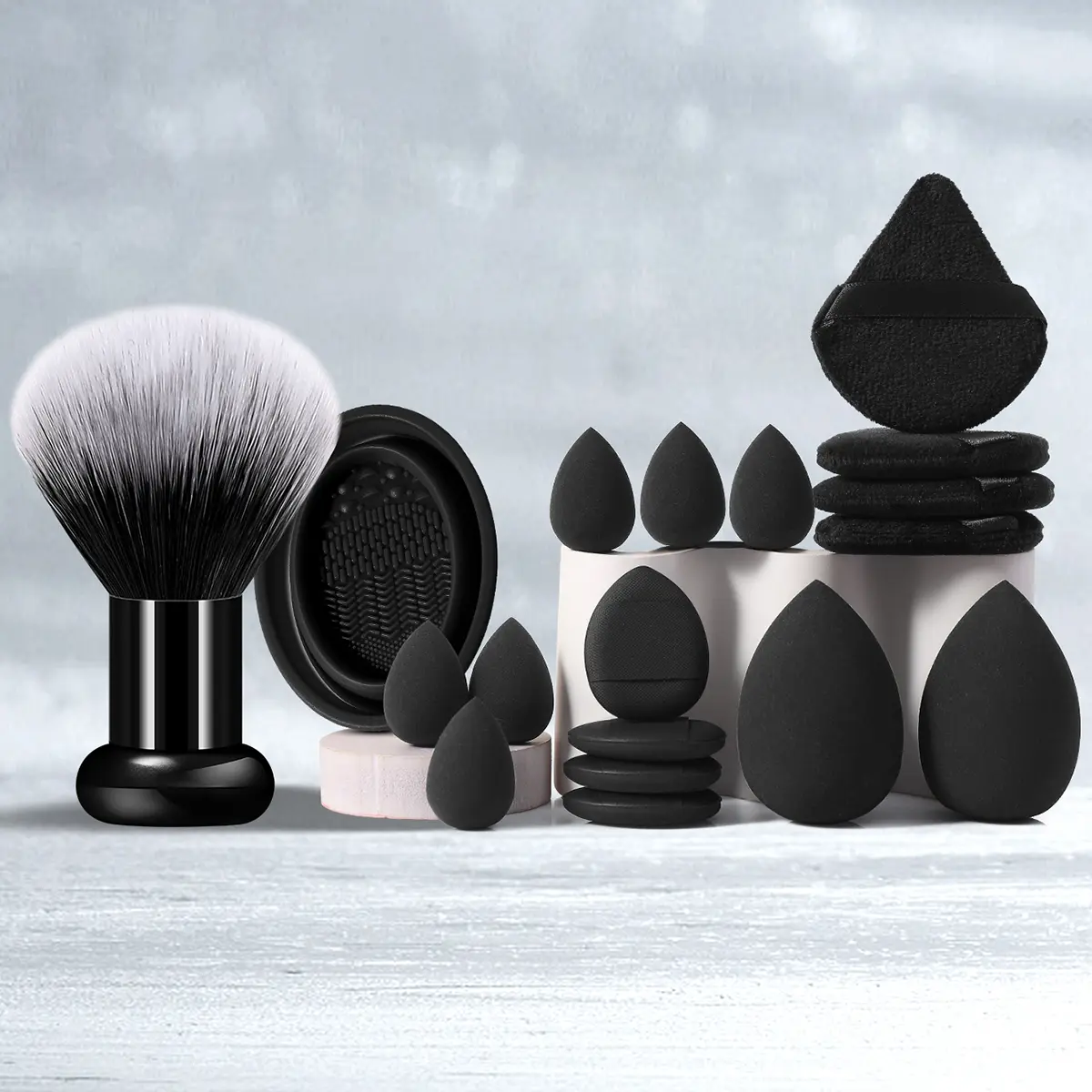 1-in-1 Mini Black makeup brushes set for Beginners - Fluffy Large Powder Brush, Multi-Size Beauty Sponges, Triangle Finger Velvet Powder Puffs, Silicone Brush Cleaning Bowl, Portable Travel Prep Set Gift for Women Girls
