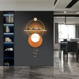 Elegant 39.4x19.7 inch LED lighted metal wall art with sun and mountain design - Nature style Illustrations, auto dimming, arched and rectangular shape, for modern home, office, bedroom, living room Decorative, wall sculpture, entryway decoration