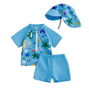 Baby Boys Swimsuit Set Toddler Swimwear Cute Print Zipper Short Sleeve Rash Guard Swim Trunks Hat 3Pcs Beachwear