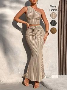 women's striped print one shoulder crop top & high waist skirt set, casual fashion cozy two-piece set for daily outdoor wear, women's clothing for summer