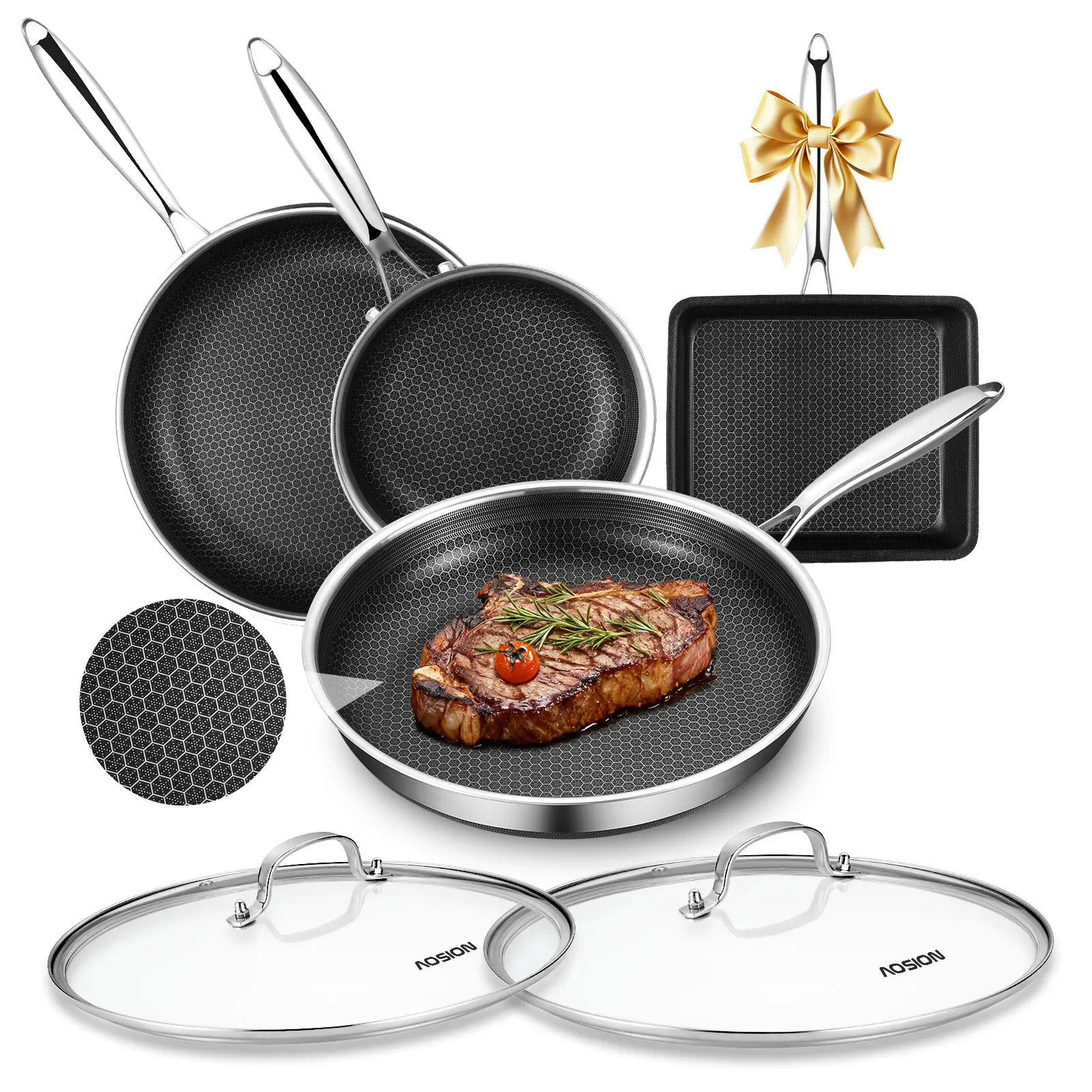 AOSION 4PCS Stainless Steel Cookware Set 8"/10"/12"Frying Pans & 9" Baking Pan Induction Ready Oven SafeDishwasher Safe All Cooktops Compatible