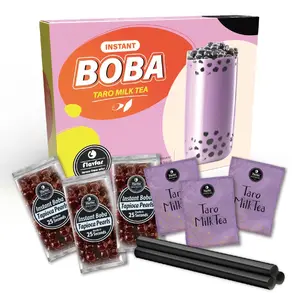 Flavfar Instant Boba Bubble Taro Milk Tea Kit with Tapioca Boba - 3 Servings, Ready in 25 Seconds, Microwave-Ready, Authentic Tapioca Pearls, All-in-One Kit, Gift-Ready, Perfect for Home, Office, or Parties - Smoothie