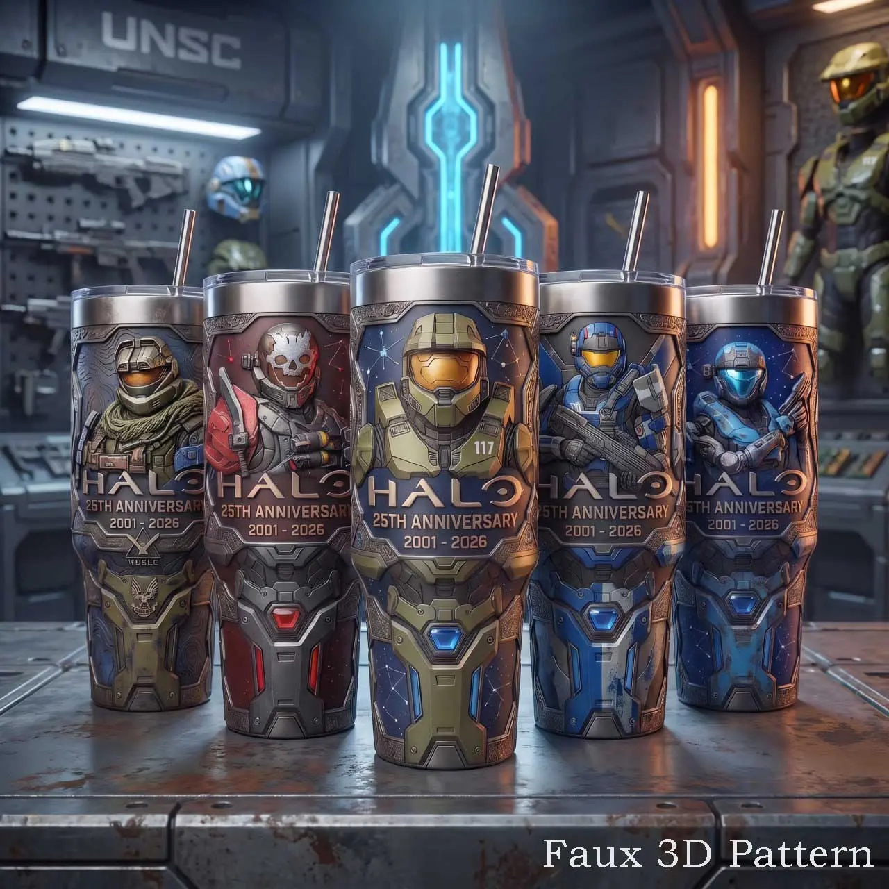 [Collection] Halo 25th Anniversary 40oz (Faux 3D Pattern) Insulated Tumbler With Handle & Straw, Halo 2001-2026 Collector Edition Stainless Steel Travel Mug, Master Chief & UNSC Gaming Cup, Halo Fan Gift