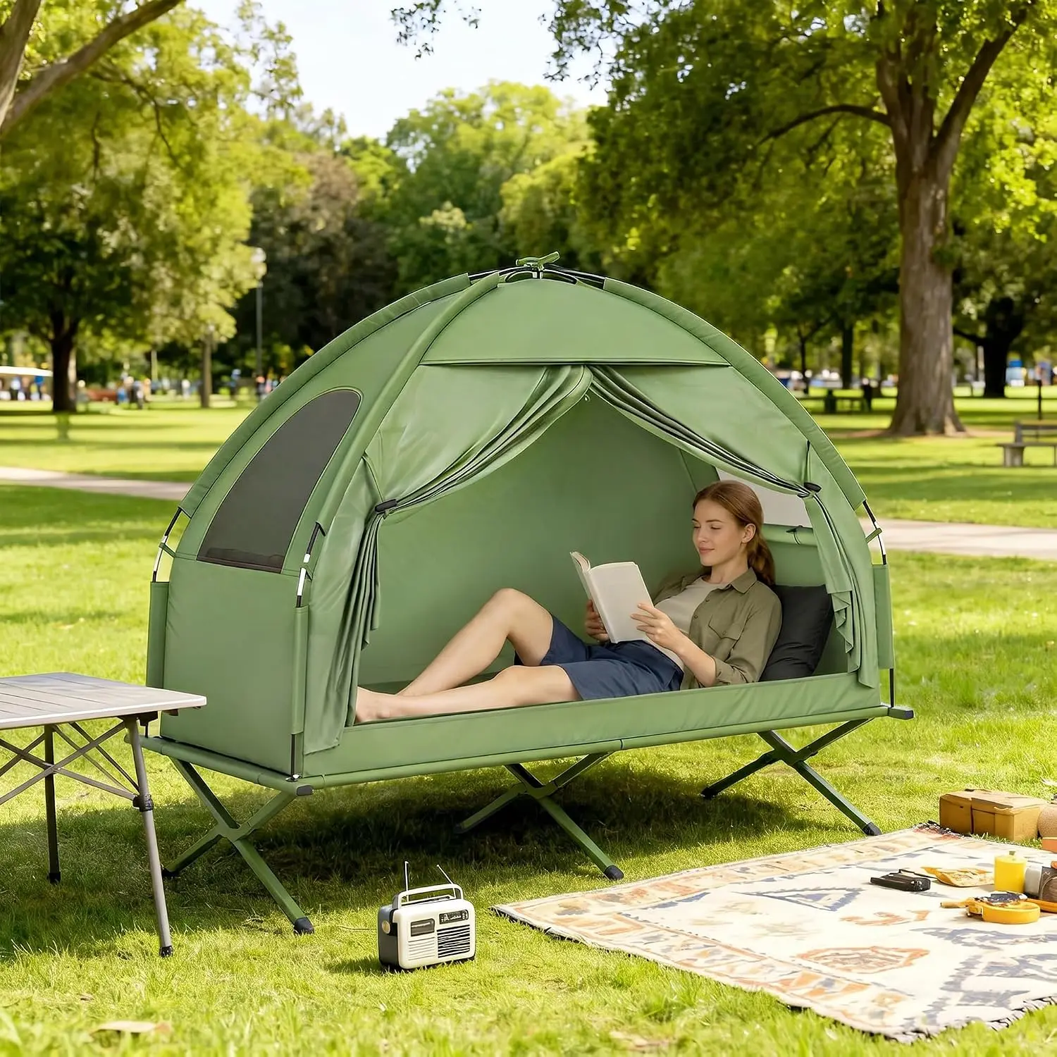 Crestholm Camping Tent Cot Combo, Single Person Off-Ground Sleeping Pod, 17" Elevated Cot + Zippered Tent, 225 lbs, Fiberglass Poles, Windows, Carry Bag for Hiking, Camping