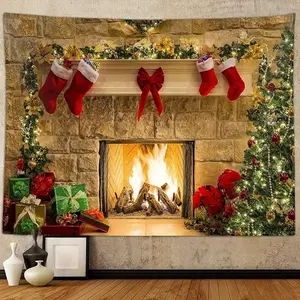 Festive Christmas Fireplace Tapestry Backdrop Fabric Wall Hanging with Santa Claus Stockings and Tree Design for Holiday Party Decor No Electricity or Battery Needed Party Decor Accessory