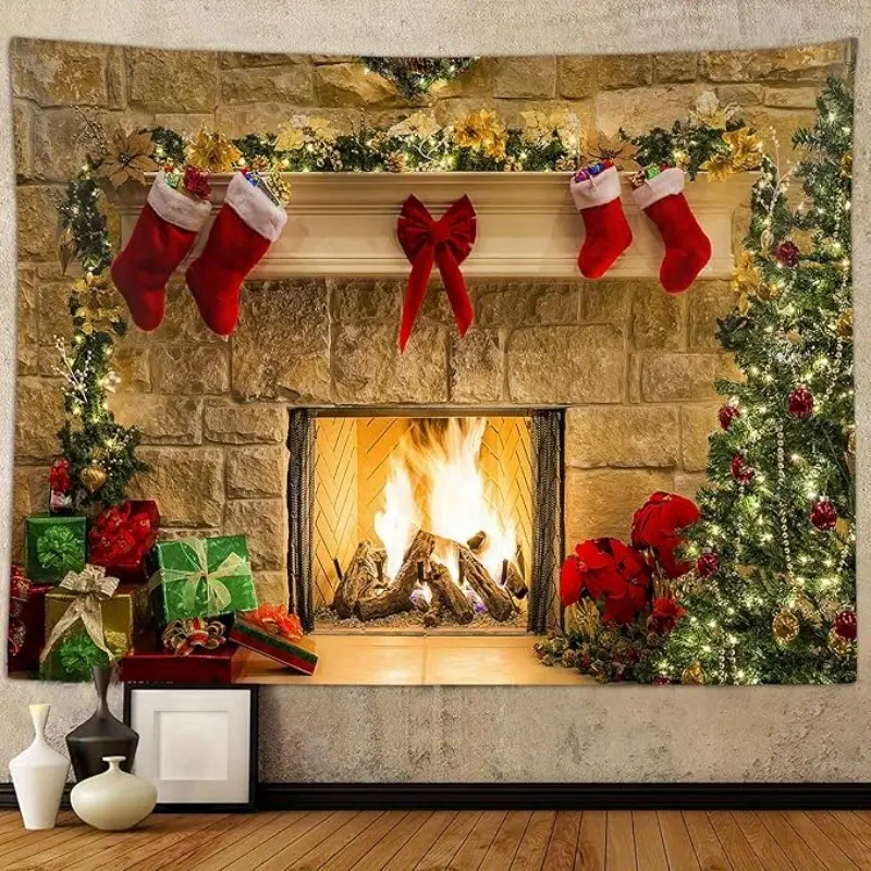 Festive Christmas Polyester Wall Tapestry - Santa Claus, Stockings, Tree Design Fireplace Backdrop Hanging, Battery-Free Holiday Home Party Decoration Supplies, Wall Tapestries